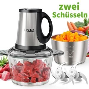 SPZTJK Multifunktionaler Elektrischer Schneidroboter aus， Fleischhacker für den Hausgebrauch,  Zerkleinerer Elektrisch，zwei Schüsseln（Edelstahls & Glass）und klingen，zum Zerkleinern und Hacken geeignet, Ideal für Gemüse, Knoblauch, Salat, Babynahrung